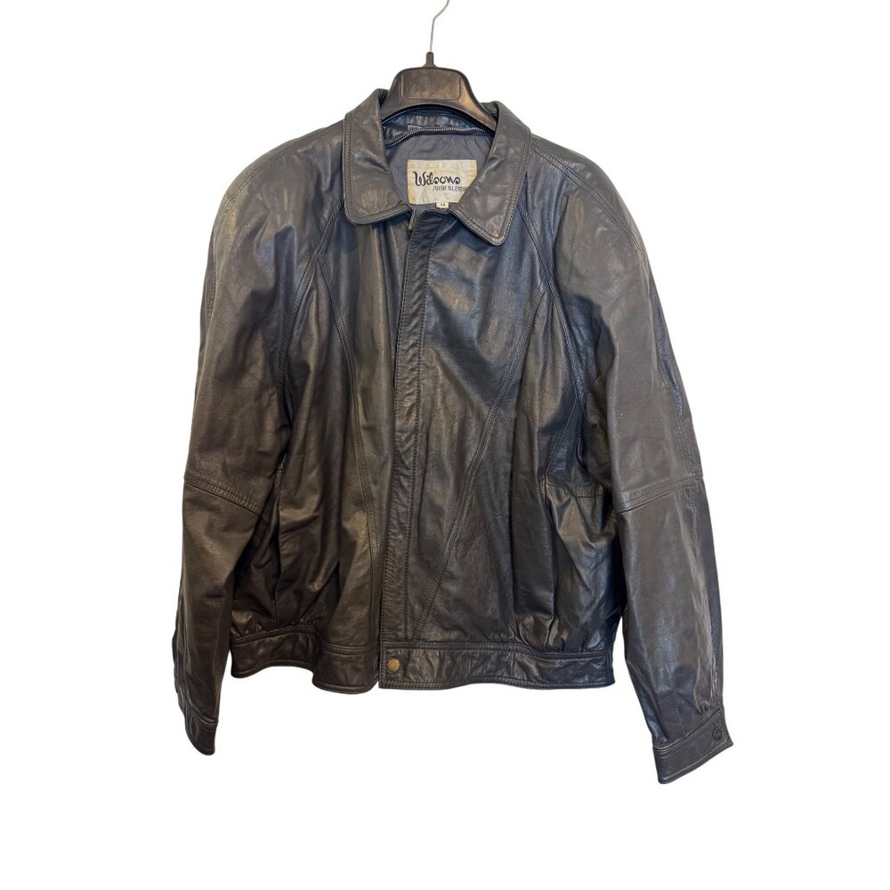 vintage Wilsons Mens charcoal Genuine Leather Jacket Size 48 Snap Cuffs